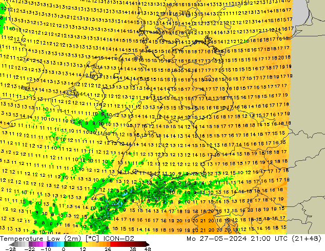 Temperature Low (2m) ICON-D2 Mo 27.05.2024 21 UTC