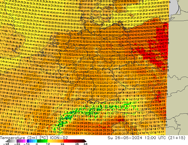 Temperature (2m) ICON-D2 Su 26.05.2024 12 UTC