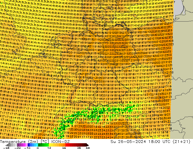 Temperaturkarte (2m) ICON-D2 So 26.05.2024 18 UTC