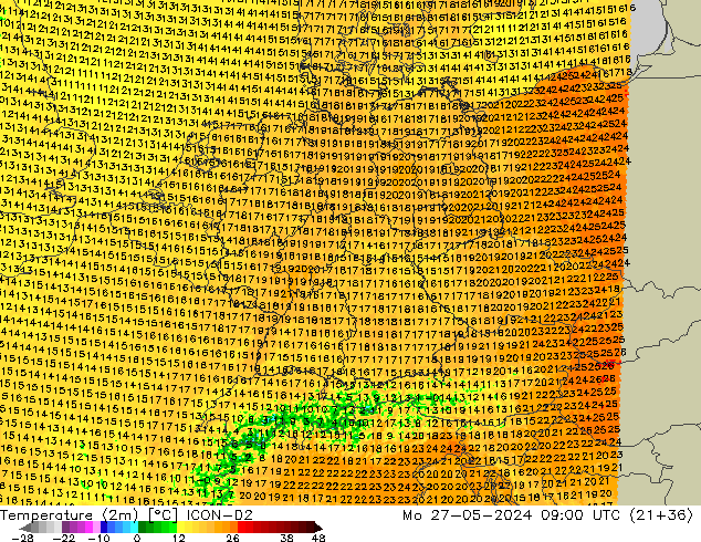 Temperature (2m) ICON-D2 Po 27.05.2024 09 UTC