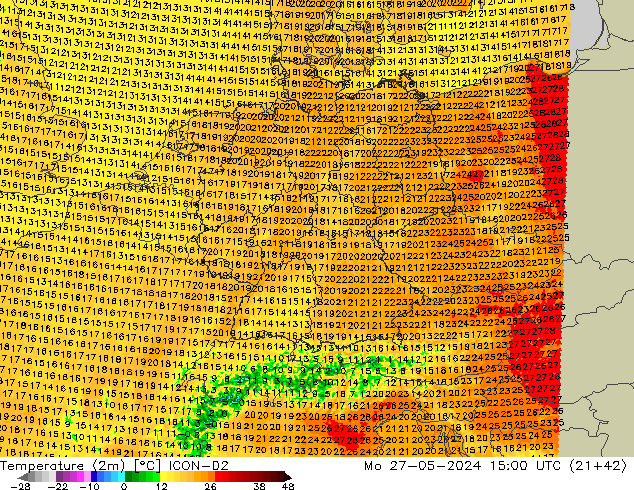 Temperatura (2m) ICON-D2 lun 27.05.2024 15 UTC