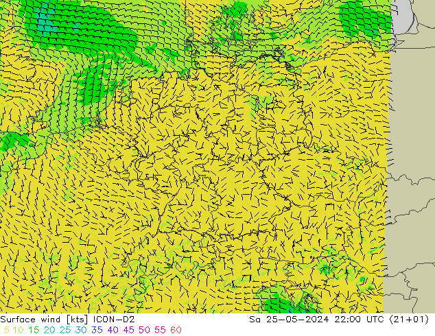 Vento 10 m ICON-D2 sab 25.05.2024 22 UTC