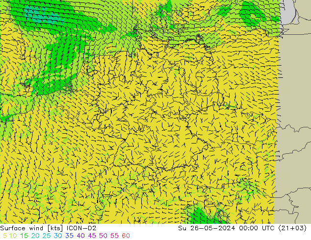 Viento 10 m ICON-D2 dom 26.05.2024 00 UTC