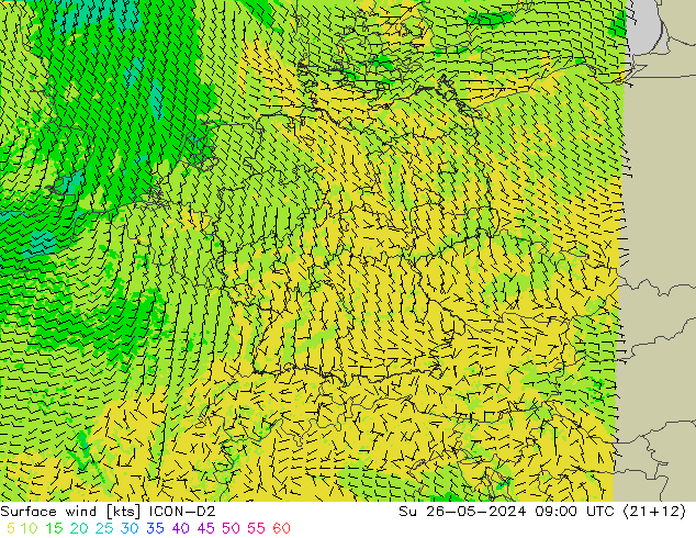 Surface wind ICON-D2 Su 26.05.2024 09 UTC