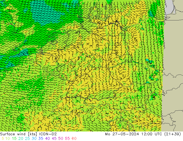 Vent 10 m ICON-D2 lun 27.05.2024 12 UTC