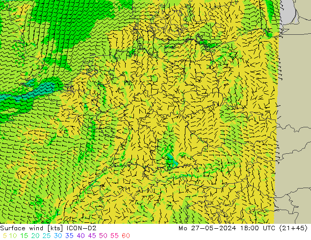 Surface wind ICON-D2 Mo 27.05.2024 18 UTC