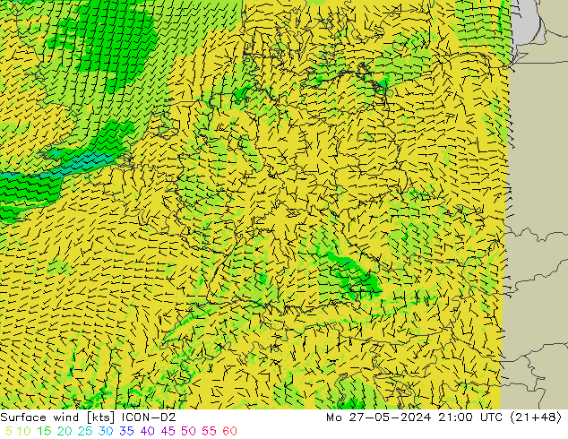 Surface wind ICON-D2 Po 27.05.2024 21 UTC