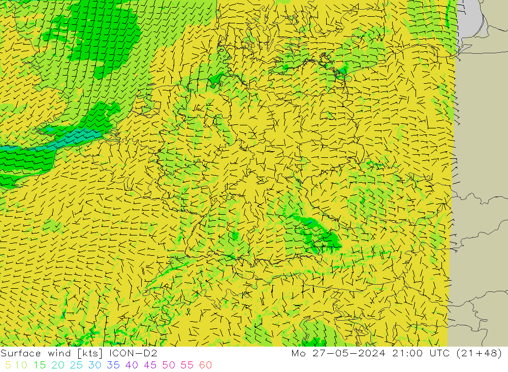 Surface wind ICON-D2 Mo 27.05.2024 21 UTC