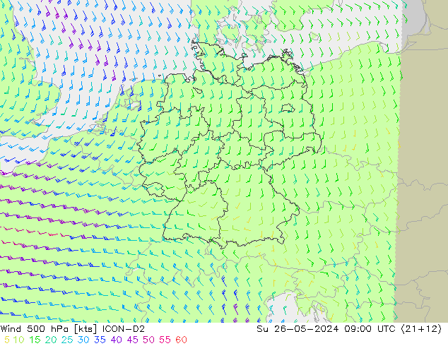 Vento 500 hPa ICON-D2 Dom 26.05.2024 09 UTC