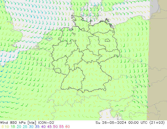 Wind 850 hPa ICON-D2 zo 26.05.2024 00 UTC