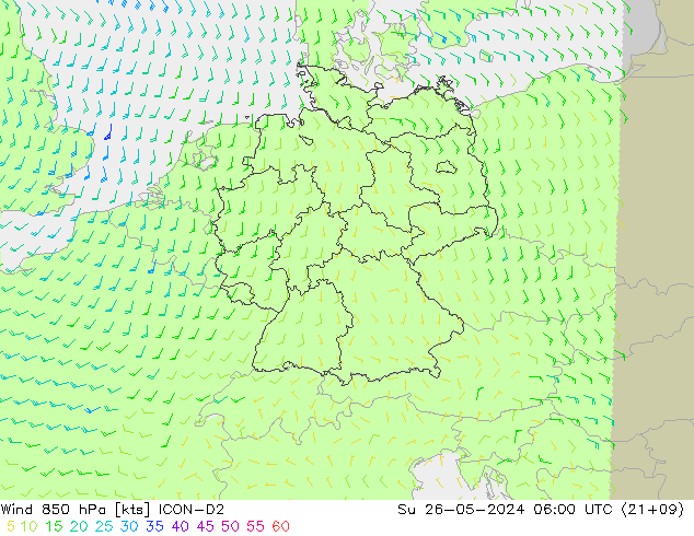 Vento 850 hPa ICON-D2 Dom 26.05.2024 06 UTC