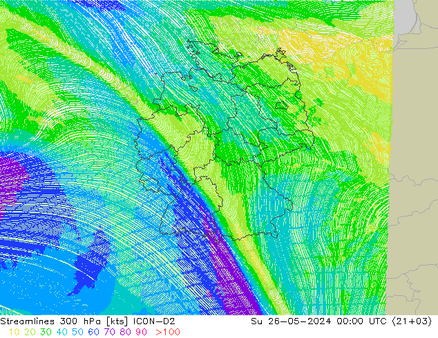 Stroomlijn 300 hPa ICON-D2 zo 26.05.2024 00 UTC