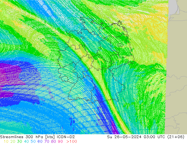 Linia prądu 300 hPa ICON-D2 nie. 26.05.2024 03 UTC