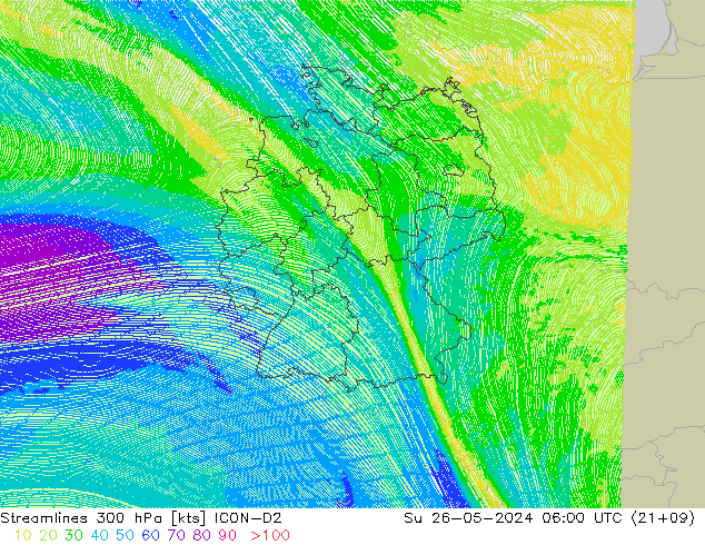 Stroomlijn 300 hPa ICON-D2 zo 26.05.2024 06 UTC