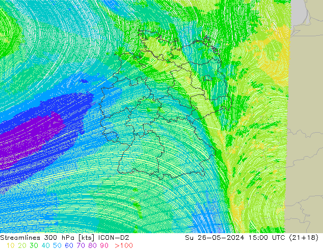 Rüzgar 300 hPa ICON-D2 Paz 26.05.2024 15 UTC