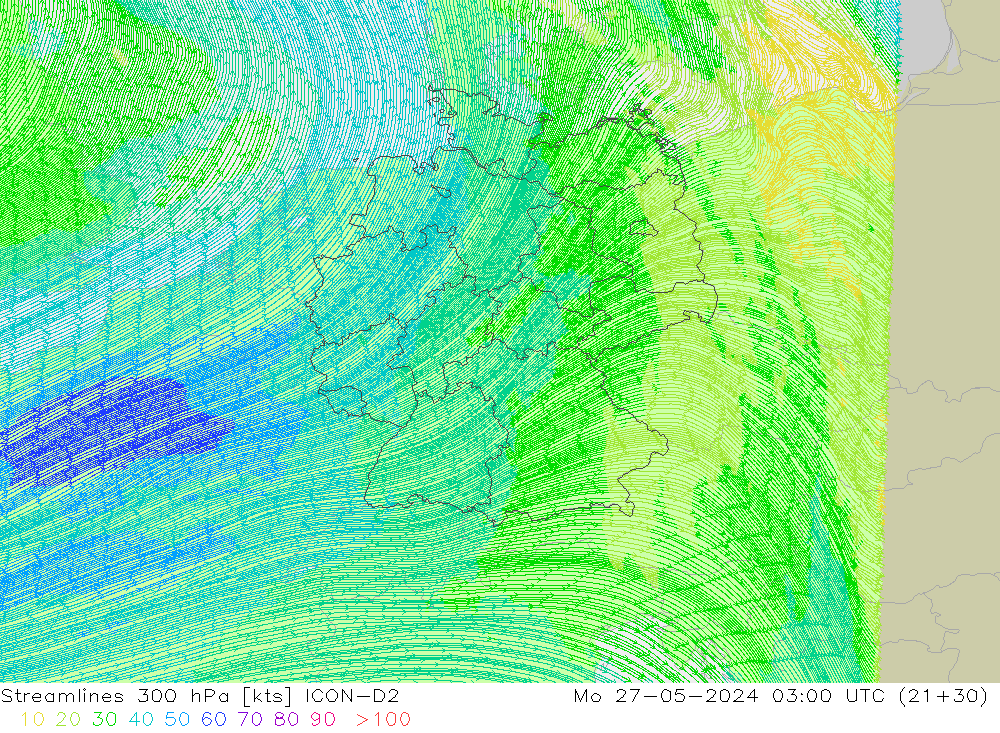 Streamlines 300 hPa ICON-D2 Po 27.05.2024 03 UTC