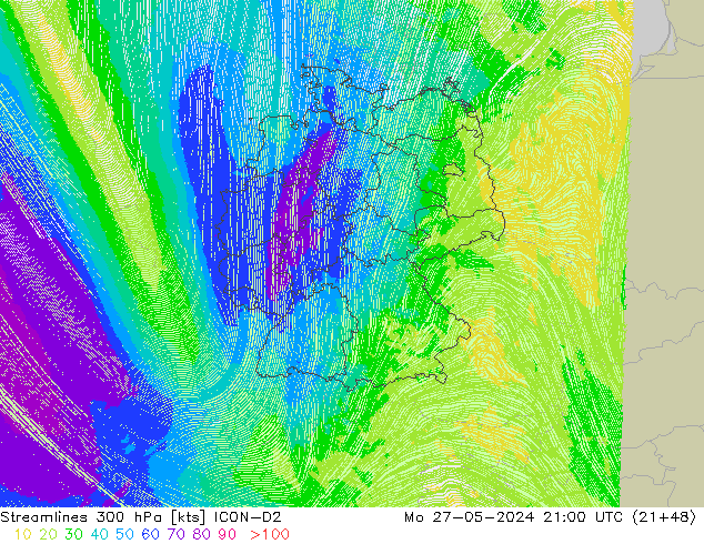 Ligne de courant 300 hPa ICON-D2 lun 27.05.2024 21 UTC