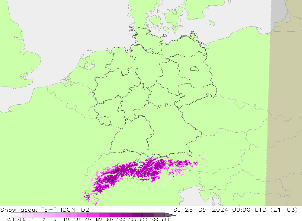 Snow accu. ICON-D2 星期日 26.05.2024 00 UTC