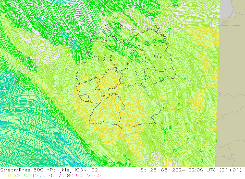 Linea di flusso 500 hPa ICON-D2 sab 25.05.2024 22 UTC