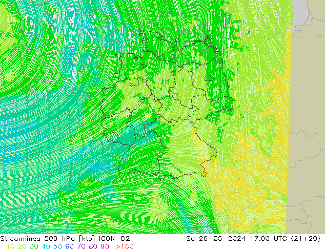 Streamlines 500 hPa ICON-D2 Ne 26.05.2024 17 UTC