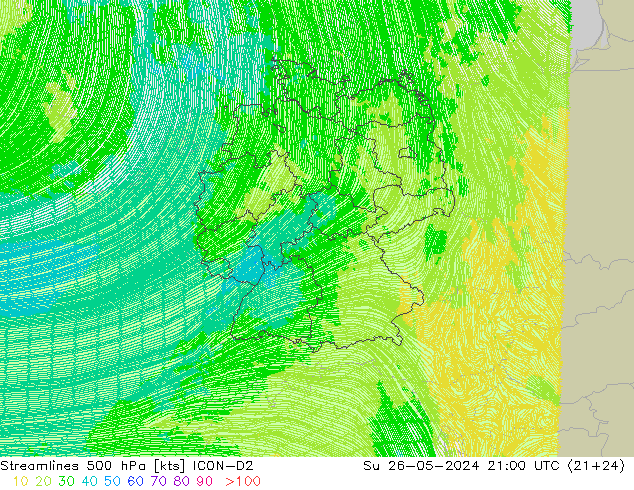 Streamlines 500 hPa ICON-D2 Su 26.05.2024 21 UTC