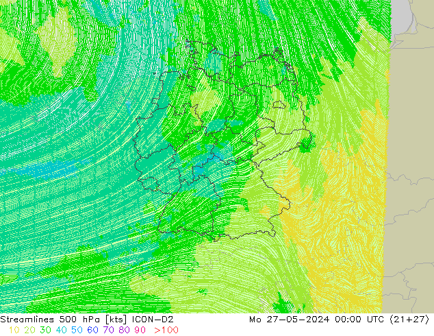 Stroomlijn 500 hPa ICON-D2 ma 27.05.2024 00 UTC