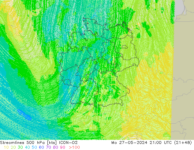 Ligne de courant 500 hPa ICON-D2 lun 27.05.2024 21 UTC