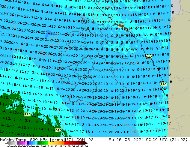 Hoogte/Temp. 500 hPa ICON-D2 zo 26.05.2024 00 UTC