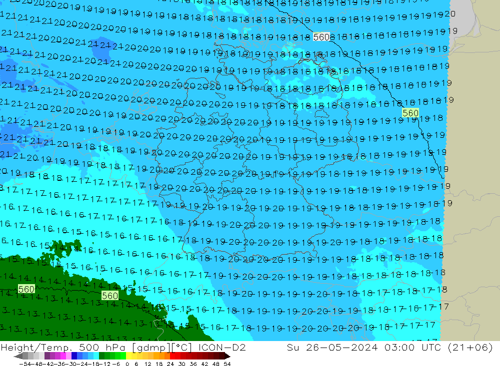 Geop./Temp. 500 hPa ICON-D2 dom 26.05.2024 03 UTC