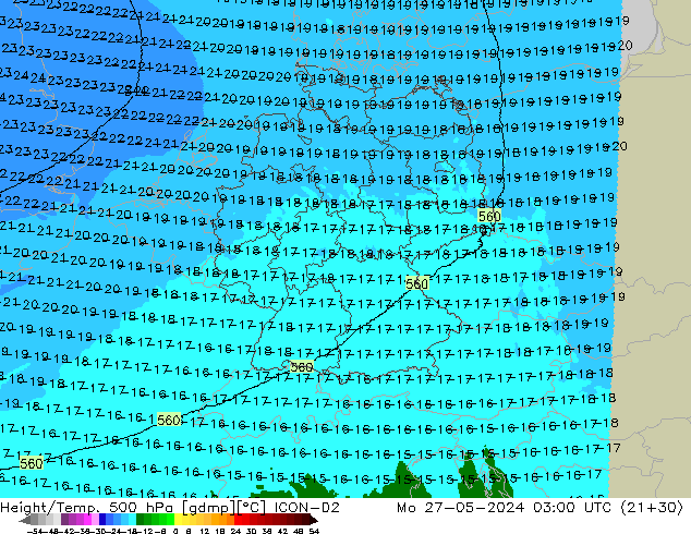 Height/Temp. 500 hPa ICON-D2 Seg 27.05.2024 03 UTC