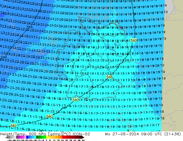 Height/Temp. 500 hPa ICON-D2 Mo 27.05.2024 09 UTC