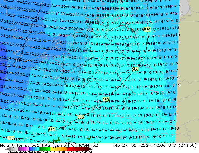 Height/Temp. 500 hPa ICON-D2 pon. 27.05.2024 12 UTC