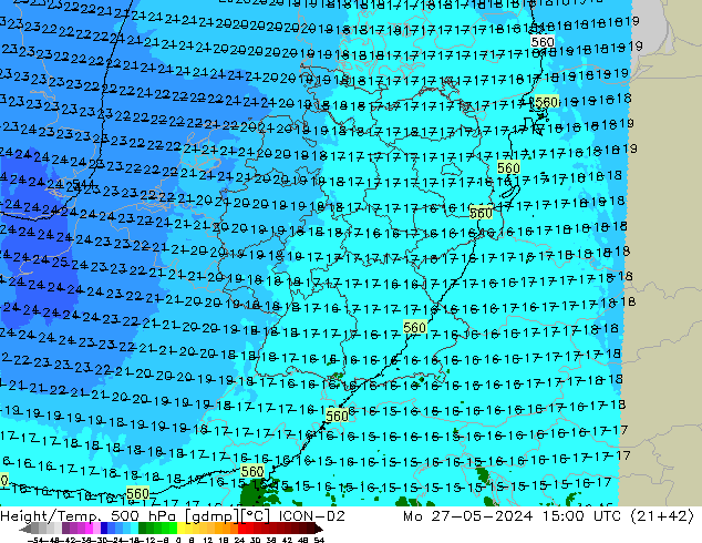 Height/Temp. 500 hPa ICON-D2 Mo 27.05.2024 15 UTC