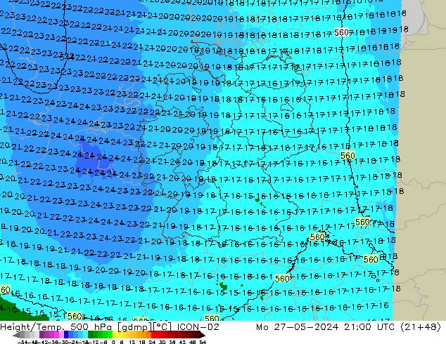 Height/Temp. 500 hPa ICON-D2 lun 27.05.2024 21 UTC