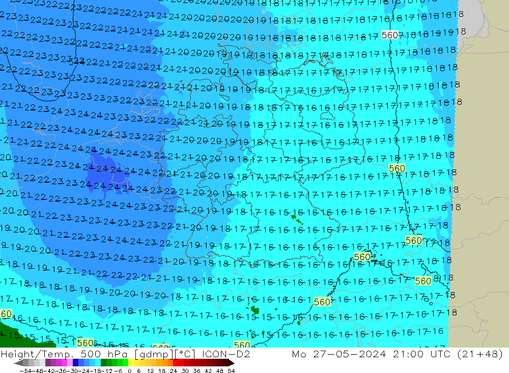 Height/Temp. 500 hPa ICON-D2 Mo 27.05.2024 21 UTC