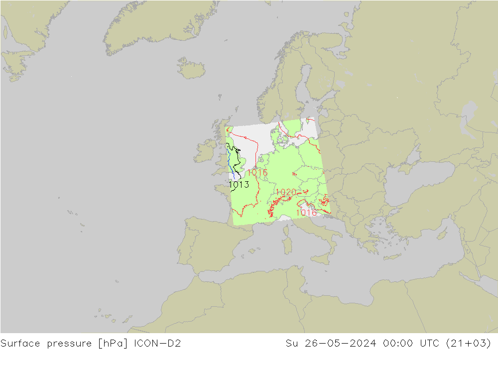 Pressione al suolo ICON-D2 dom 26.05.2024 00 UTC
