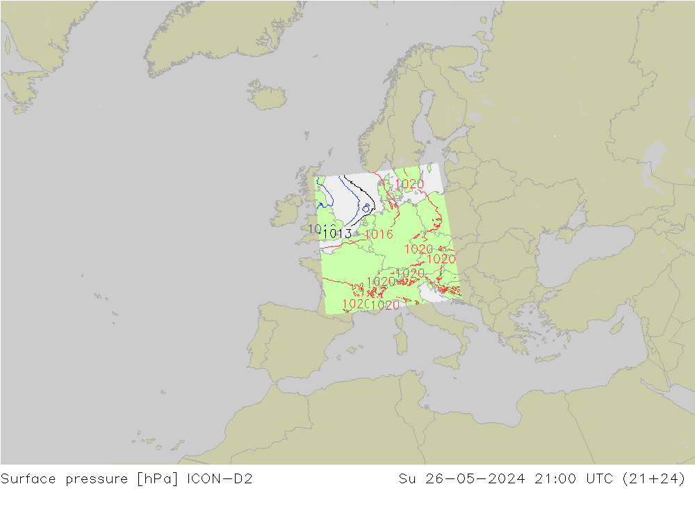 Surface pressure ICON-D2 Su 26.05.2024 21 UTC