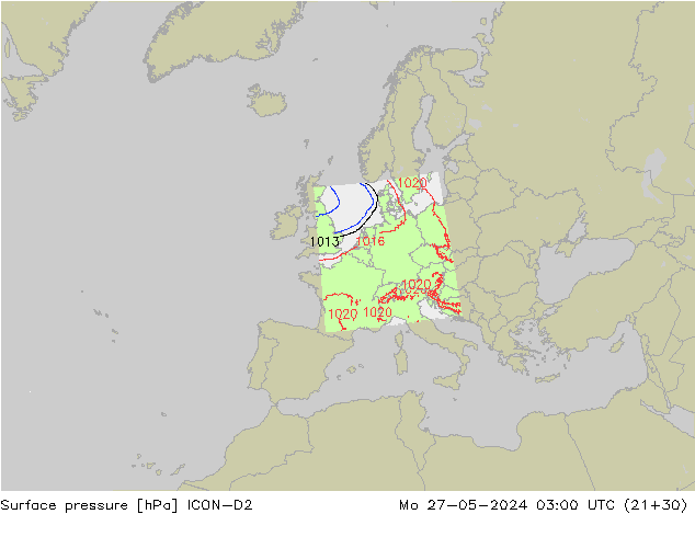 Presión superficial ICON-D2 lun 27.05.2024 03 UTC