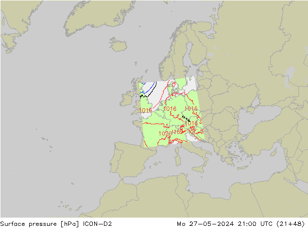 Surface pressure ICON-D2 Mo 27.05.2024 21 UTC