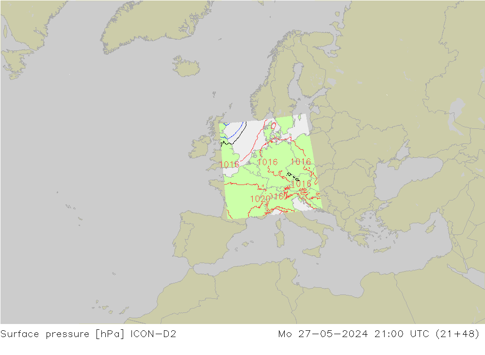 Surface pressure ICON-D2 Mo 27.05.2024 21 UTC