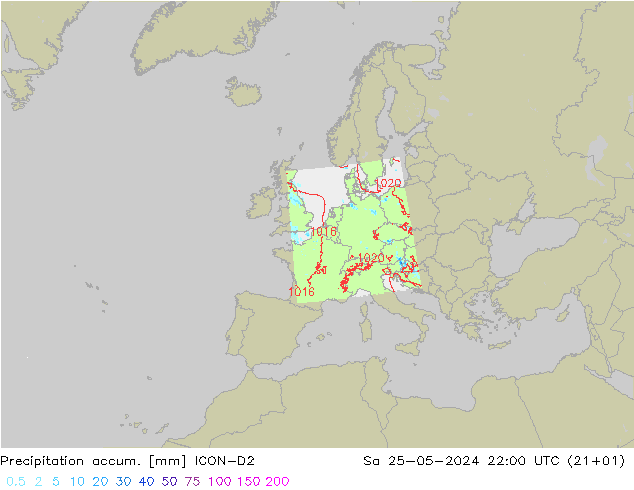 Precipitation accum. ICON-D2 сб 25.05.2024 22 UTC