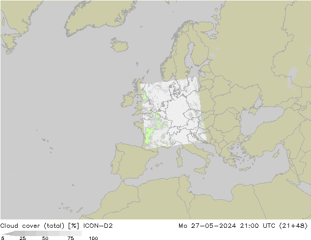 Cloud cover (total) ICON-D2 Po 27.05.2024 21 UTC