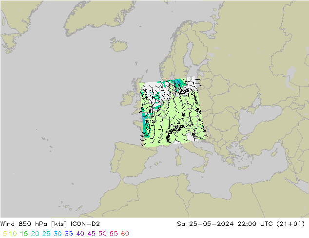 Vento 850 hPa ICON-D2 sab 25.05.2024 22 UTC