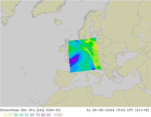 Streamlines 300 hPa ICON-D2 Su 26.05.2024 15 UTC