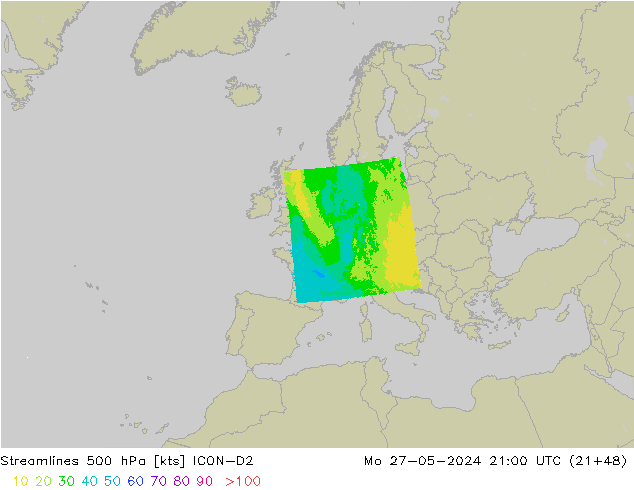 Ligne de courant 500 hPa ICON-D2 lun 27.05.2024 21 UTC