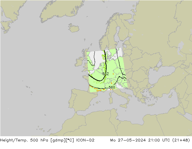 Height/Temp. 500 hPa ICON-D2 Seg 27.05.2024 21 UTC