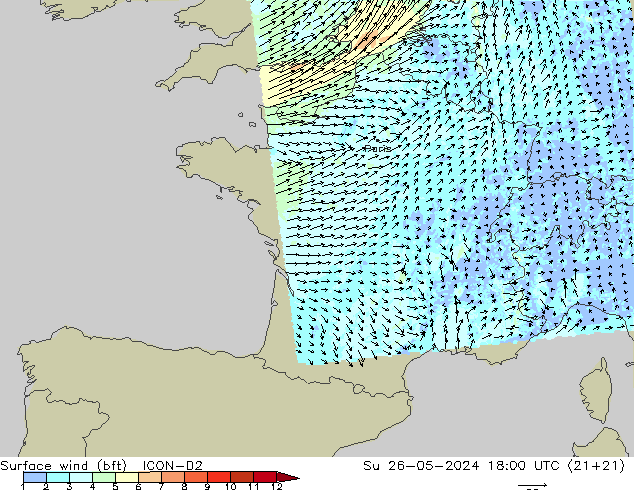 Surface wind (bft) ICON-D2 Su 26.05.2024 18 UTC