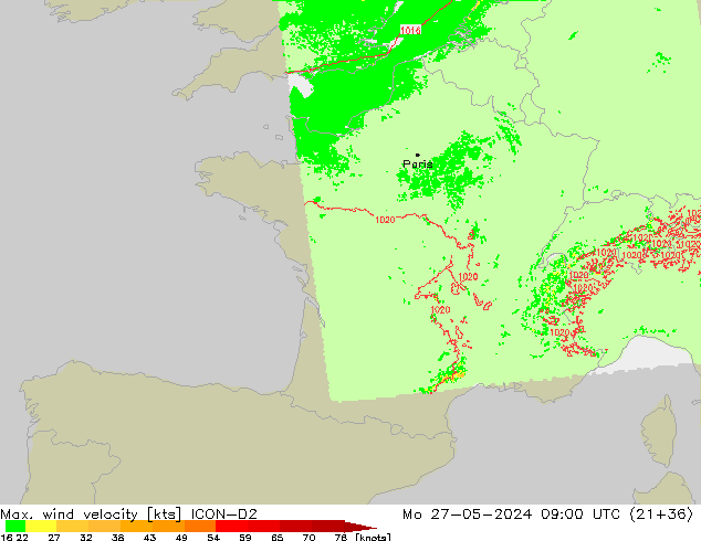 Max. wind velocity ICON-D2 пн 27.05.2024 09 UTC