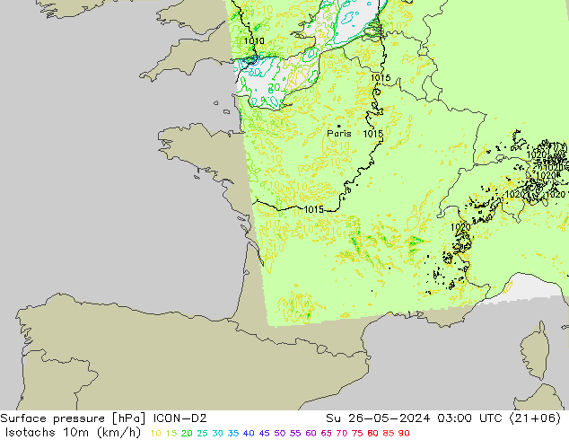 Isotachs (kph) ICON-D2  26.05.2024 03 UTC