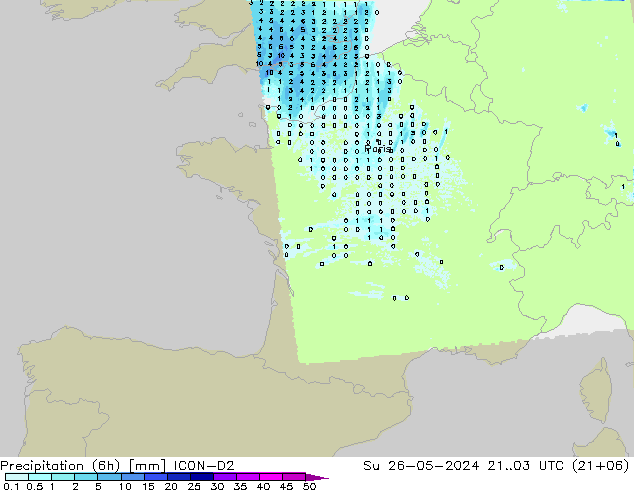 осадки (6h) ICON-D2 Вс 26.05.2024 03 UTC